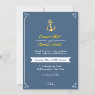 Gold Anchor Royal Blue Nautical Wedding Invites Einladung