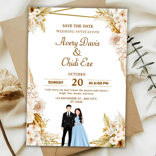 Gold and beige floral wedding invitation   einladung