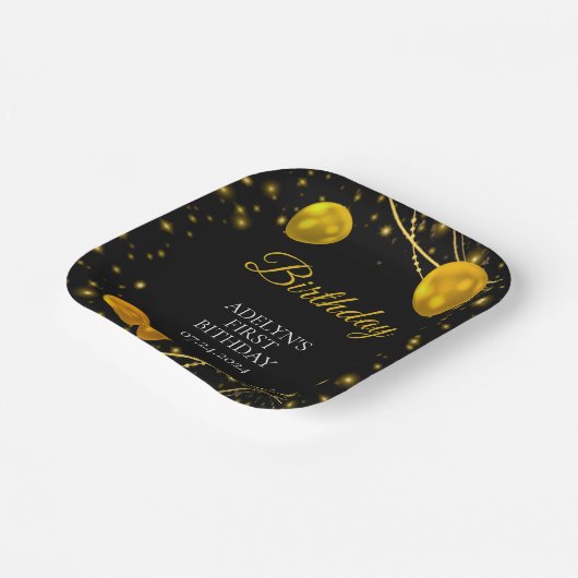 "Gold and Black Baby First Birthday" Pappteller (Gewinkelt)