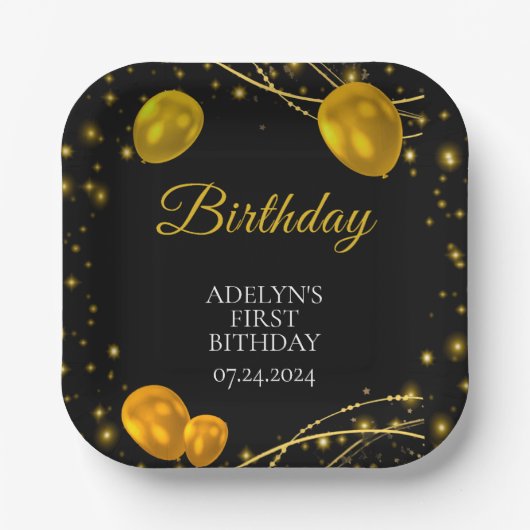 "Gold and Black Baby First Birthday" Pappteller (Vorderseite)
