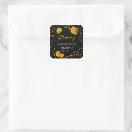 "Gold and Black Baby First Birthday" Quadratischer Aufkleber