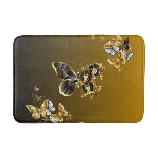 Gold and Black Butterfly Floral Art Badematte (Vorderseite)
