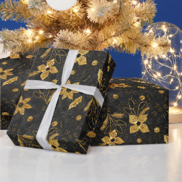 Gold and Black Christmas Poinsettia Flowers Geschenkpapier