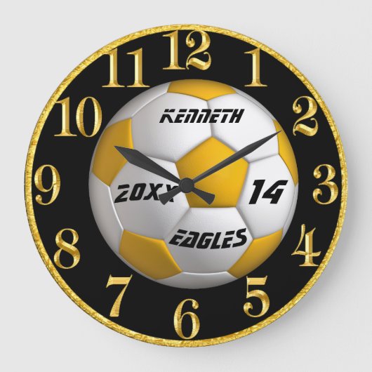 Gold and black soccer clock with Player Name Große Wanduhr (Vorderseite)
