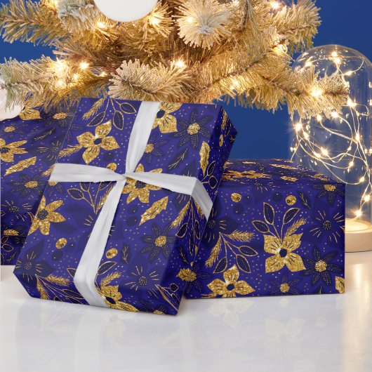 Gold and Blue Christmas Poinsettia Flowers Geschenkpapier (Feiertage)