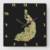 Gold and green peacock glimmering brightly quadratische wanduhr (Vorderseite)