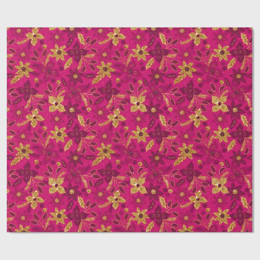 Gold and Pink Christmas Poinsettia Flowers Geschenkpapier (Flach)