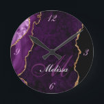 gold and purple agate monogram trendy round clock runde wanduhr<br><div class="desc">An elegant mix of script with a personalized monogram on gold and purple agate background.</div>