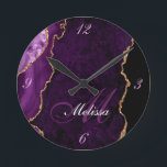 gold and purple agate monogram trendy round clock runde wanduhr<br><div class="desc">An elegant mix of script with a personalized monogram on gold and purple agate background.</div>