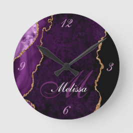 gold and purple agate monogram trendy round clock runde wanduhr
