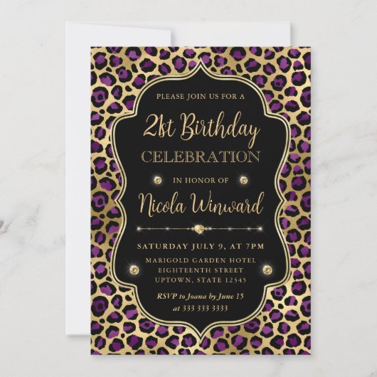 Gold and Purple Leopard Print Birthday Party Einladung (Vorderseite)