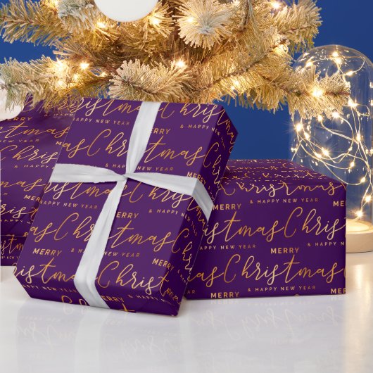 Gold and Purple Merry Christmas Word Art Geschenkpapier (Feiertage)