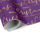 Gold and Purple Merry Christmas Word Art Geschenkpapier (Rolleneckpunkt)