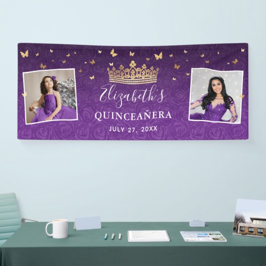 Gold and Purple Roses 2 Photo Birthday Quinceanera Banner (Messe)