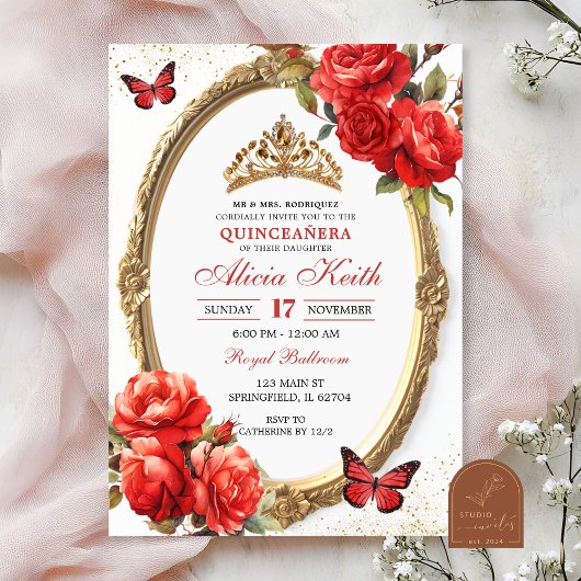 Gold and Red Roses Gold Quinceanera Invitation Einladung