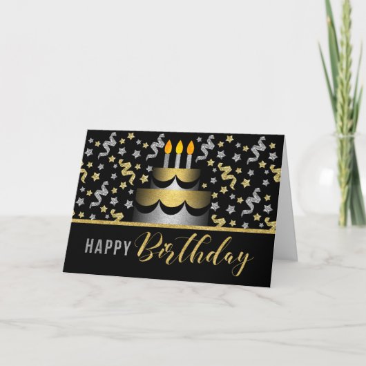 Gold and Silver Faux Glitter on Black with Cake Karte (Vorderseite)