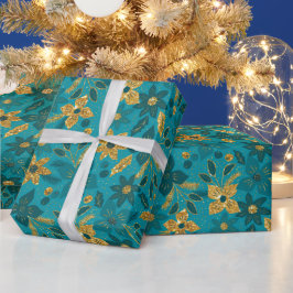 Gold and Teal Blue Christmas Poinsettia Flowers Geschenkpapier