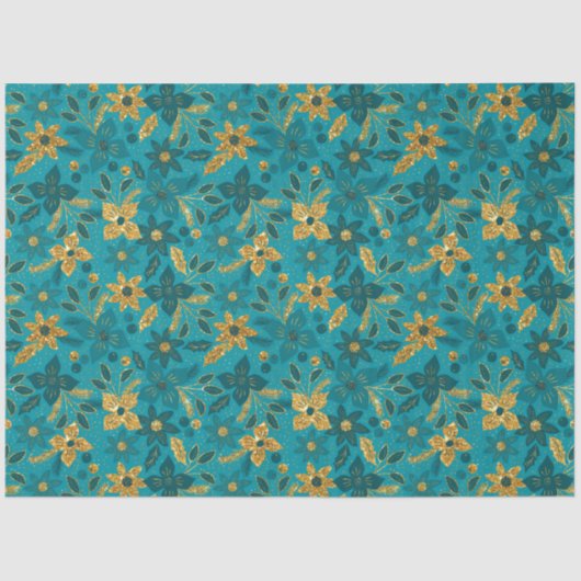Gold and Teal Blue Christmas Poinsettia Flowers Seidenpapier (Vorderseite)