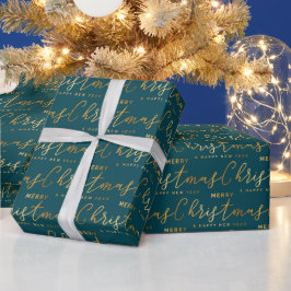 Gold and Teal Merry Christmas Word Art Geschenkpapier