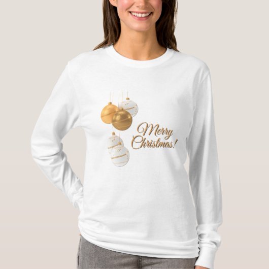 Gold and White Christmas Balls Custom Text T-Shirt (Vorderseite)