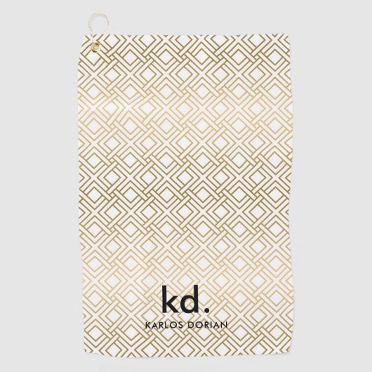 Gold and white geometric pattern monogram golfhandtuch (Vorderseite)