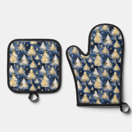 Gold And White Pine Trees On A Starry Night Ofenhandschuh & Topflappen-Set