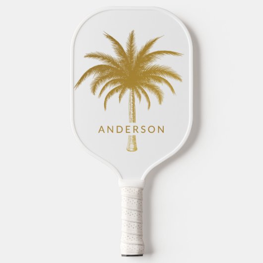 Gold and White Tropical Palm Tree Pickleball Schläger (Vorderseite)