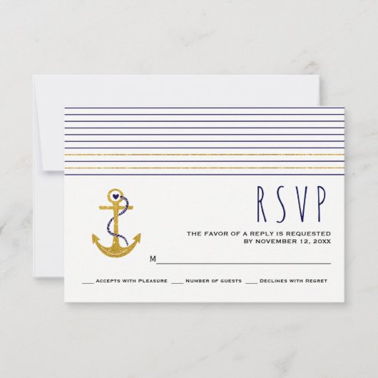 Gold, Anker der Marine, Streifen nautische Hochzei RSVP Karte (Vorderseite)
