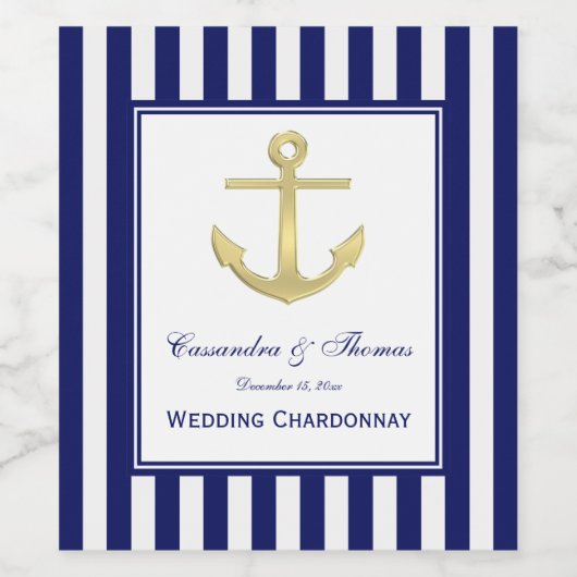 Gold Anker Navy Blue Frame 2, White Strip DIY BG Weinetikett (Einzelnes Label)