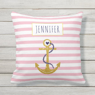 Gold anker rosa gestreiftes Muster trendy nautisch Kissen Für Draußen