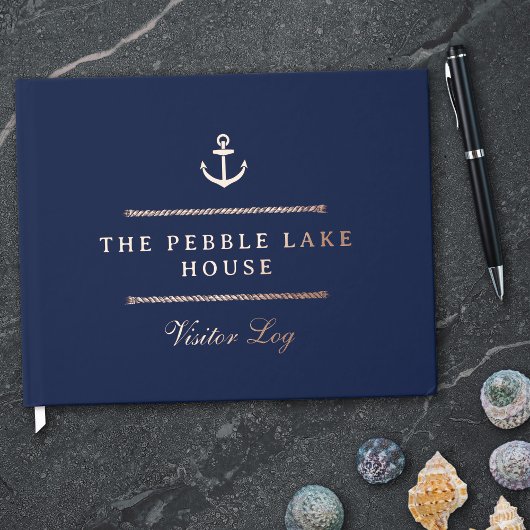 Gold Anker & Seile Navy Blue Nautical Visitenlog Gästebuch