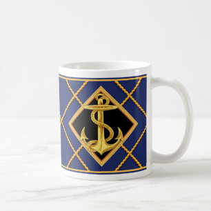 Gold Anker & Ship Rope Navy Blue Nautical Tasse/Cu Kaffeetasse