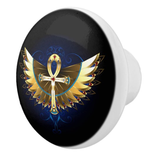 Gold Ankh mit Wings Keramikknauf (Rechts)