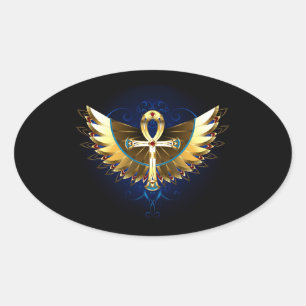 Gold Ankh mit Wings Ovaler Aufkleber