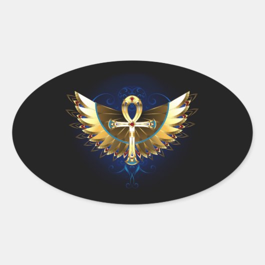 Gold Ankh mit Wings Ovaler Aufkleber (Vorderseite)
