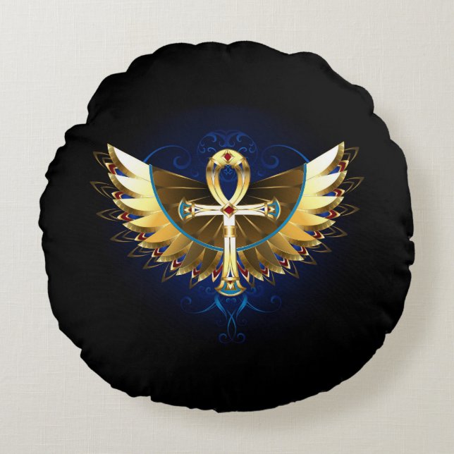 Gold Ankh mit Wings Rundes Kissen (Vorderseite)