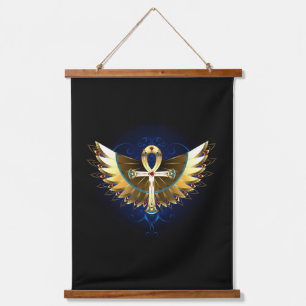Gold Ankh mit Wings Wandteppich Mit Holzrahmen