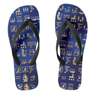 Gold antike ägyptische Hieroglyphen auf Blue Badesandalen