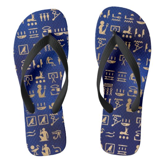 Gold antike ägyptische Hieroglyphen auf Blue Badesandalen (Fußbett)