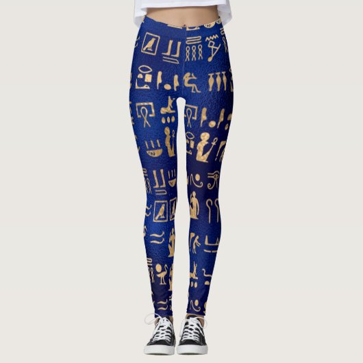 Gold antike ägyptische Hieroglyphen auf Blue Leggings (Vorderseite)