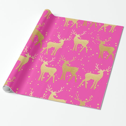 Gold Antler Rentier Elegant Pink Polka Dots Geschenkpapier (Ungerollt)