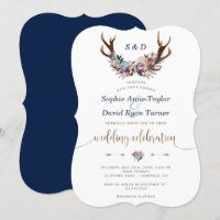 Gold Antlers Dusty Blue Floral Wedding Einladung
