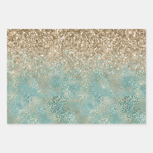 Gold Aqua Aquamarin Türkis Glam Leopard Print Geschenkpapier Set (Vorderseite 2)