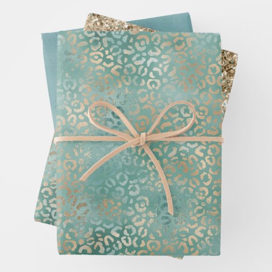 Gold Aqua Aquamarin Türkis Glam Leopard Print Geschenkpapier Set (Beispiel)