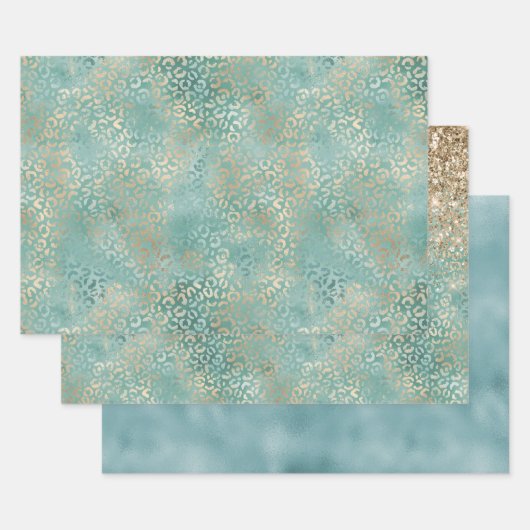 Gold Aqua Aquamarin Türkis Glam Leopard Print Geschenkpapier Set (Set)