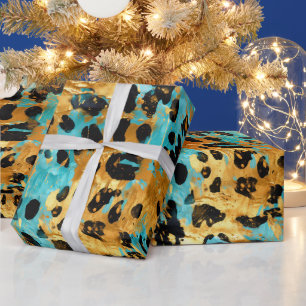 Gold Aqua Black Leopard Geschenkpapier