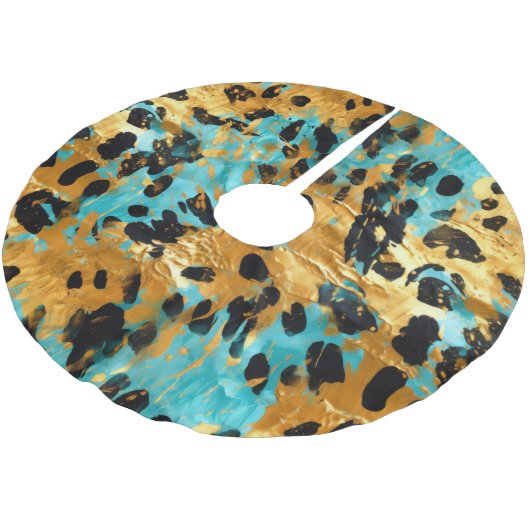 Gold Aqua Black Leopard Polyester Weihnachtsbaumdecke (Schrägansicht)