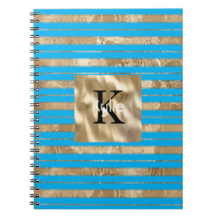 Gold Aqua Blau Streifen Monogramm Name Notizblock