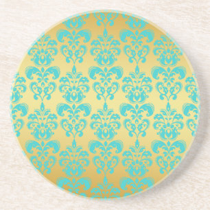 Gold, Aqua-blaues Damast-Muster 2 Untersetzer