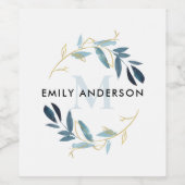GOLD AQUA BLUE FOLIAGE WATERCOLOR WREATERMONOGRAM WEINETIKETT (Einzelnes Label)